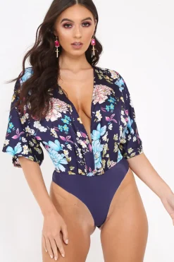 Rebellious Fashion Navy Floral Satin Plunge Bodysuit - Feona