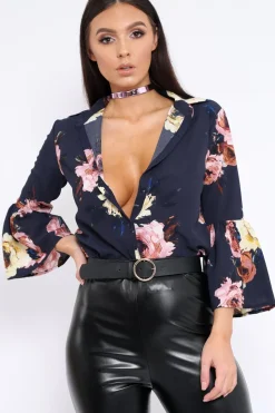 Rebellious Fashion Navy Floral Shirt with Bell Sleeves - Harper