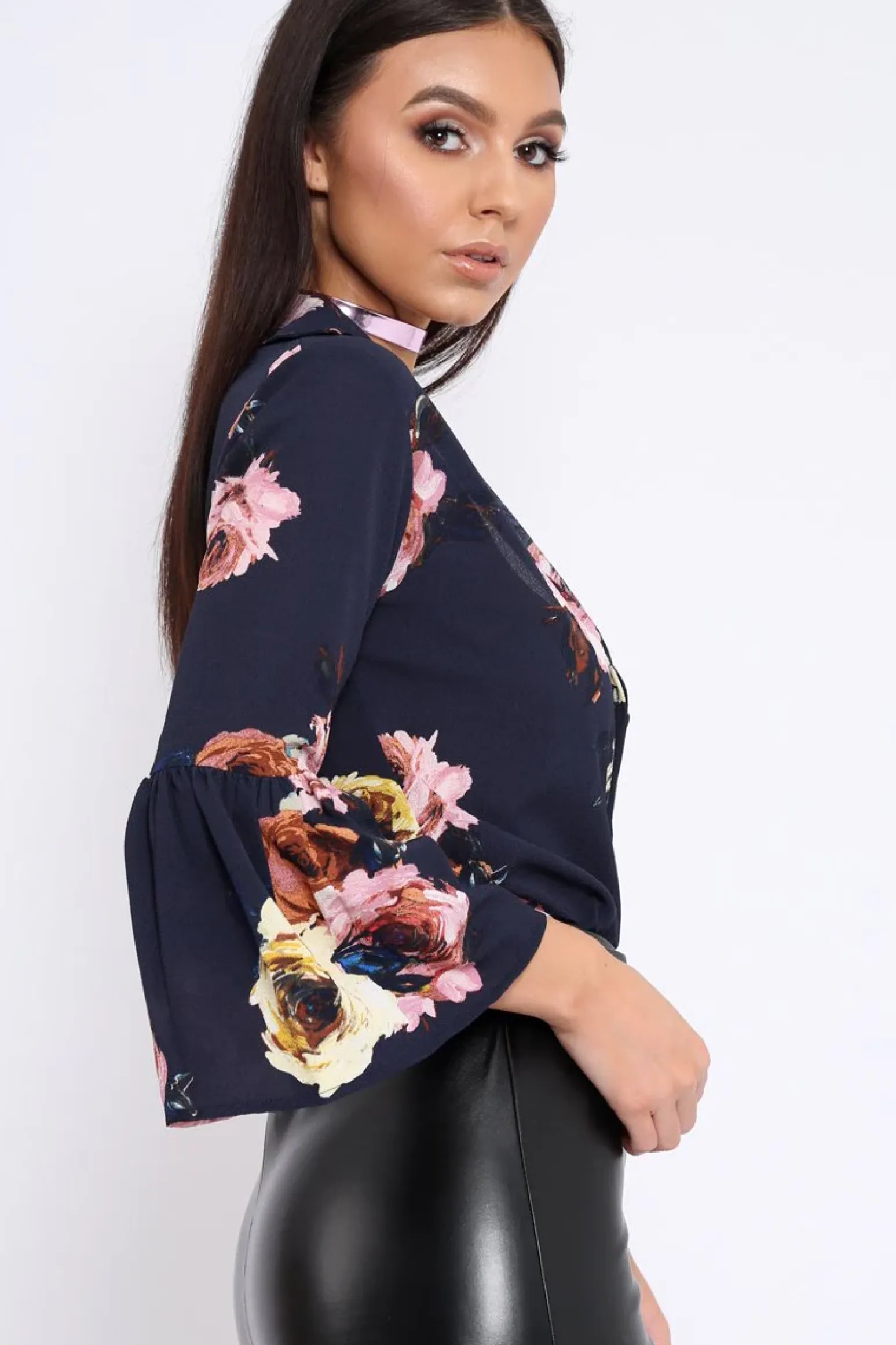 Rebellious Fashion Navy Floral Shirt with Bell Sleeves - Harper