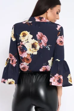 Rebellious Fashion Navy Floral Shirt with Bell Sleeves - Harper