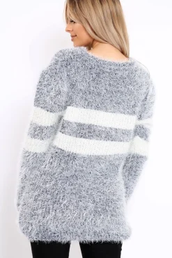 Rebellious Fashion Navy Fur Knit Wide Stripe Jumper Dress - Keeley