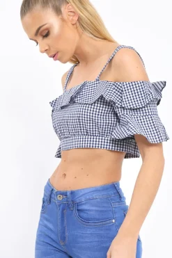 Rebellious Fashion Navy Gingham Cold Shoulder Frill Crop Top - Lant