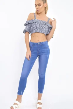 Rebellious Fashion Navy Gingham Cold Shoulder Frill Crop Top - Lant