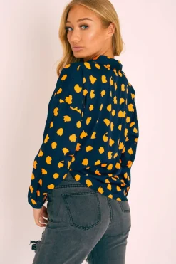 Rebellious Fashion Navy Orange Polka Button Up Shirt - Harlin