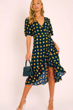 Rebellious Fashion Navy Orange Polka Wrap Midi Dress - Georgeanna