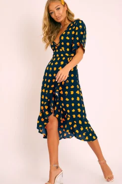 Rebellious Fashion Navy Orange Polka Wrap Midi Dress - Georgeanna