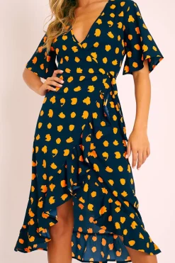 Rebellious Fashion Navy Orange Polka Wrap Midi Dress - Georgeanna