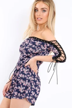 Rebellious Fashion Navy Oriental Print Eyelet Lace Up Playsuit - Suzannah