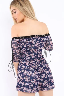 Rebellious Fashion Navy Oriental Print Eyelet Lace Up Playsuit - Suzannah