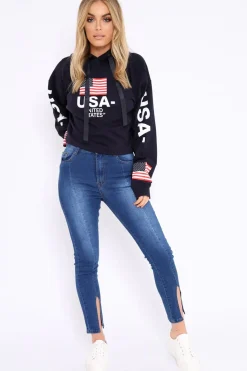 Rebellious Fashion Navy Oversized USA Print Hoodie - Eleah