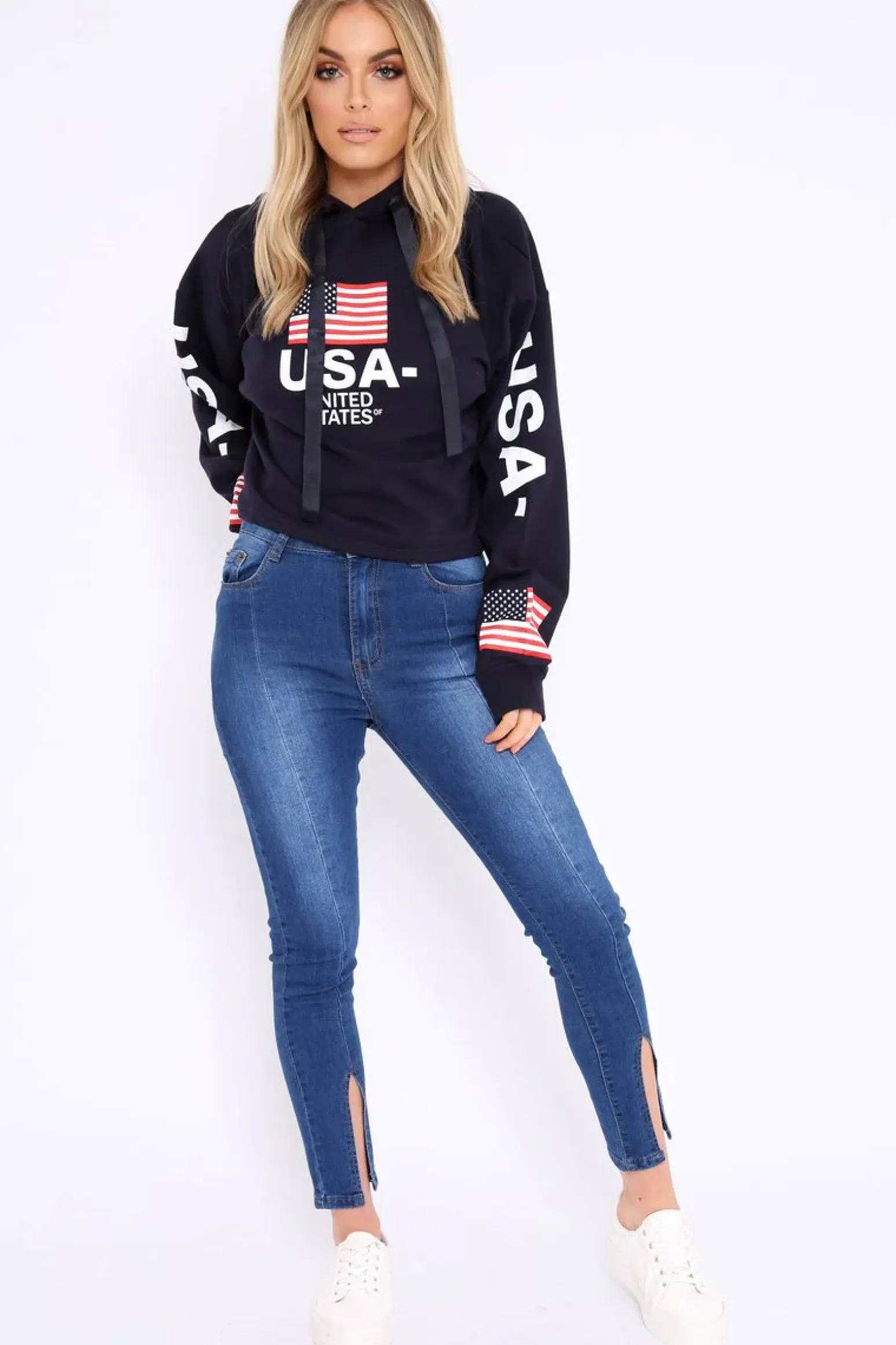 Rebellious Fashion Navy Oversized USA Print Hoodie - Eleah