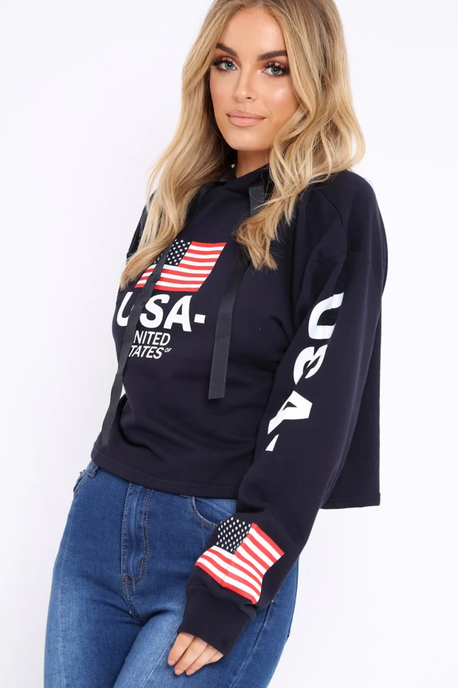Rebellious Fashion Navy Oversized USA Print Hoodie - Eleah