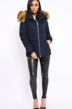 Rebellious Fashion Navy Padded Coat With Faux Fur Trim Hood - Jocelyn