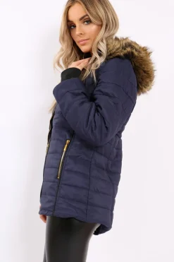 Rebellious Fashion Navy Padded Coat with Fur Hood - Francesca