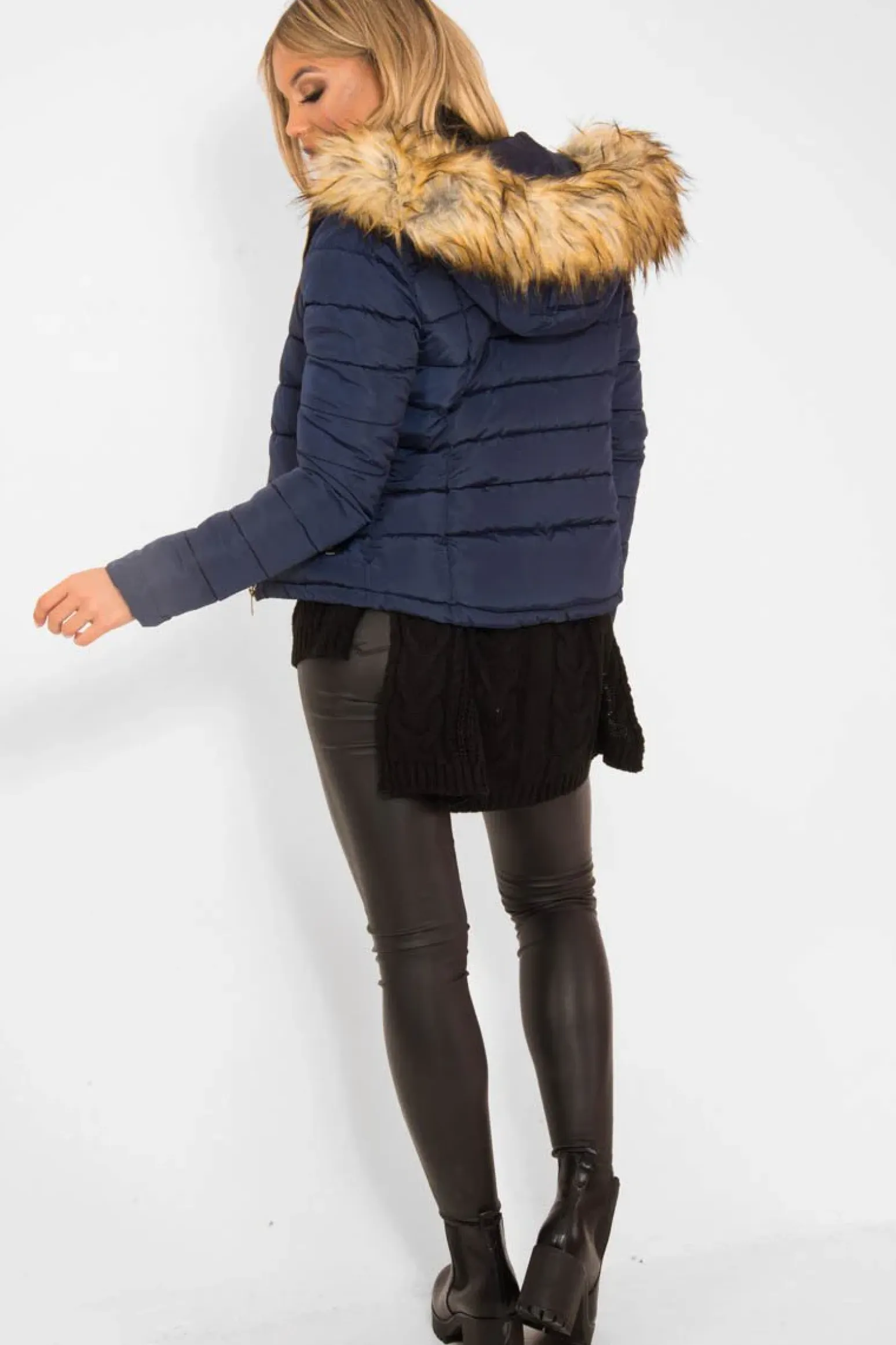 Rebellious Fashion Navy Padded Coat with Fur Trim Hood - Helena