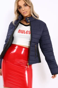 Rebellious Fashion Navy Padded Coat with Side Panel Detail - Tallula