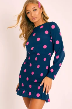 Rebellious Fashion Navy Pink Polka Dot Ruched Shirt Top Dress - Jaila