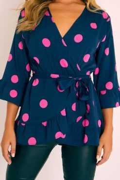 Rebellious Fashion Navy Pink Polka Wrap Belted Blouse - Isha