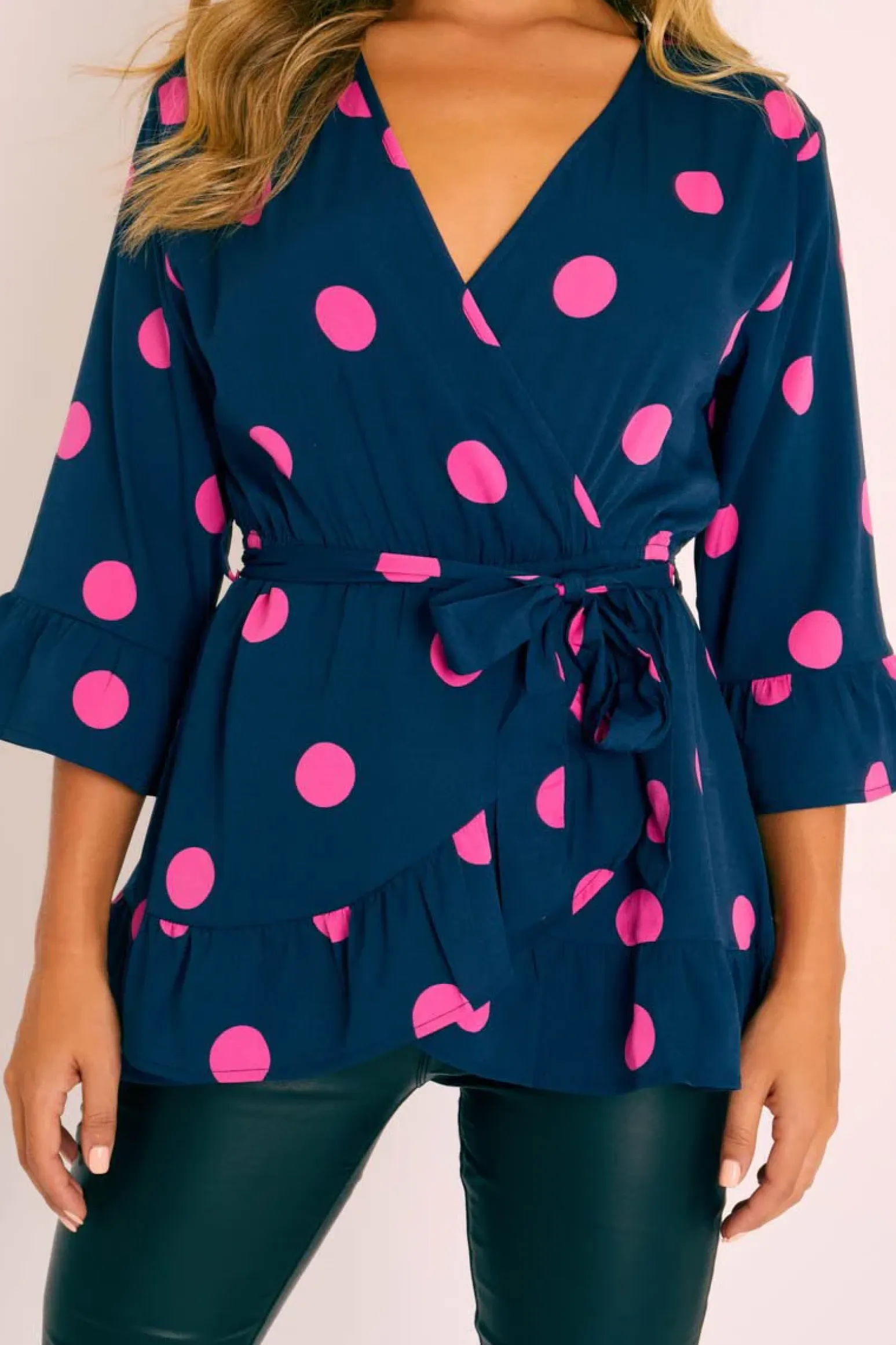 Rebellious Fashion Navy Pink Polka Wrap Belted Blouse - Isha