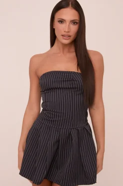Rebellious Fashion Navy Pin Stripe Bandeau Pleated Mini Dress - Amy
