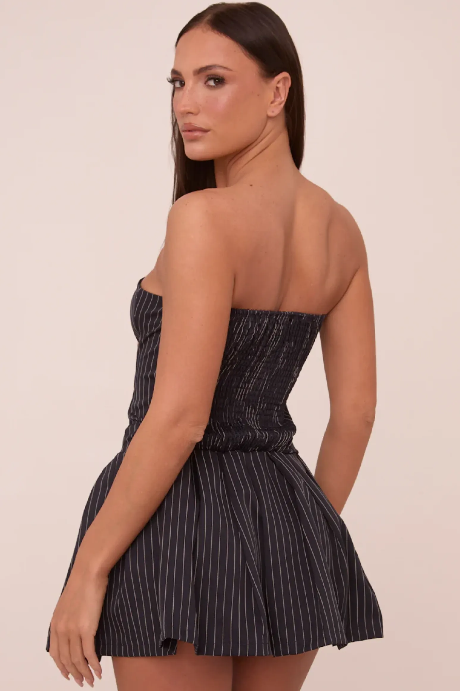 Rebellious Fashion Navy Pin Stripe Bandeau Pleated Mini Dress - Amy