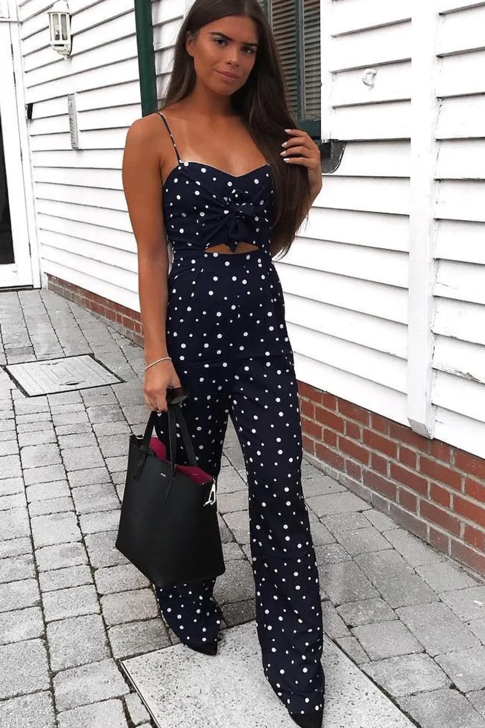 Rebellious Fashion Navy Polka Dot Tie Front Cut Out Jumpsuit - Callen