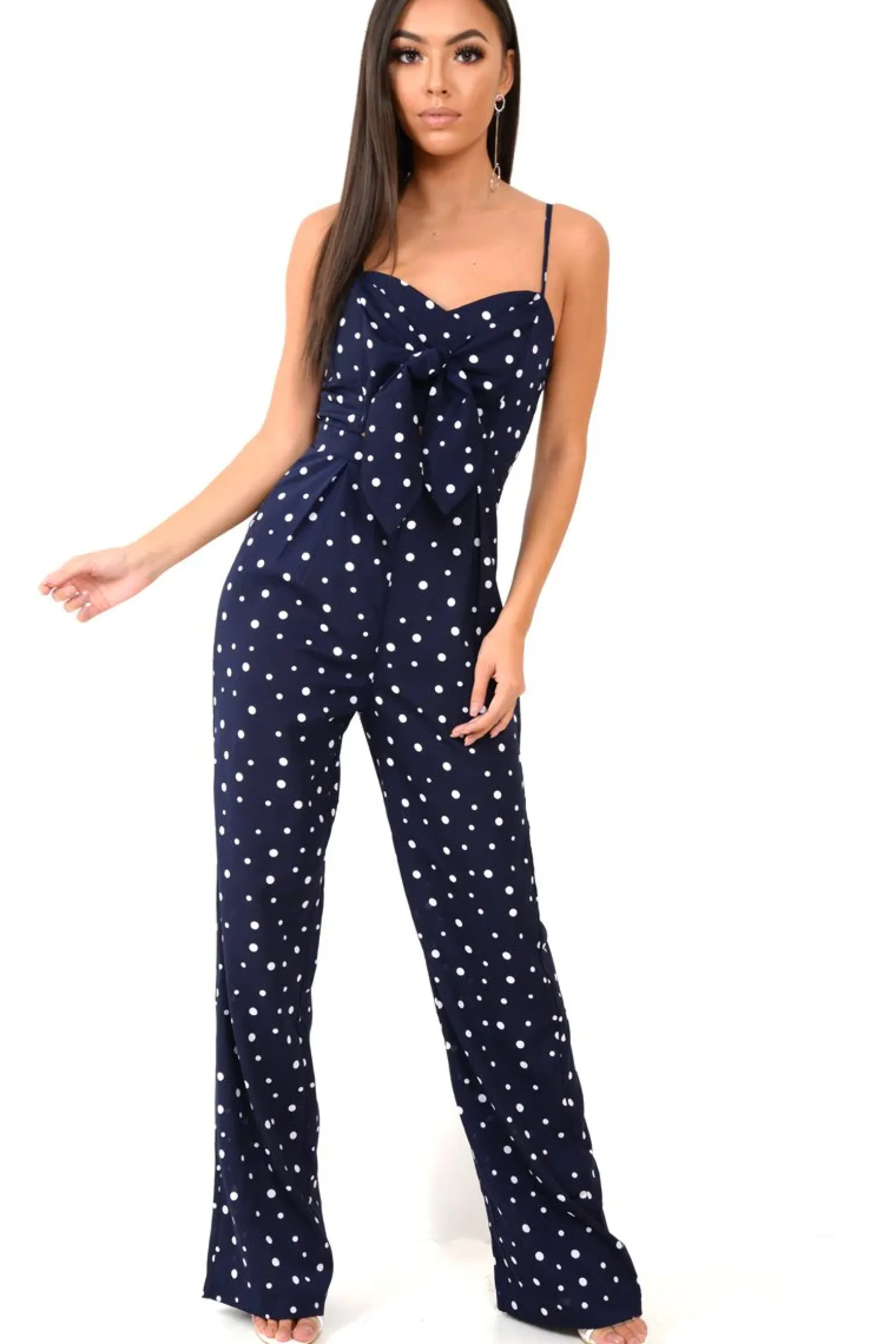 Rebellious Fashion Navy Polka Dot Tie Front Cut Out Jumpsuit - Callen
