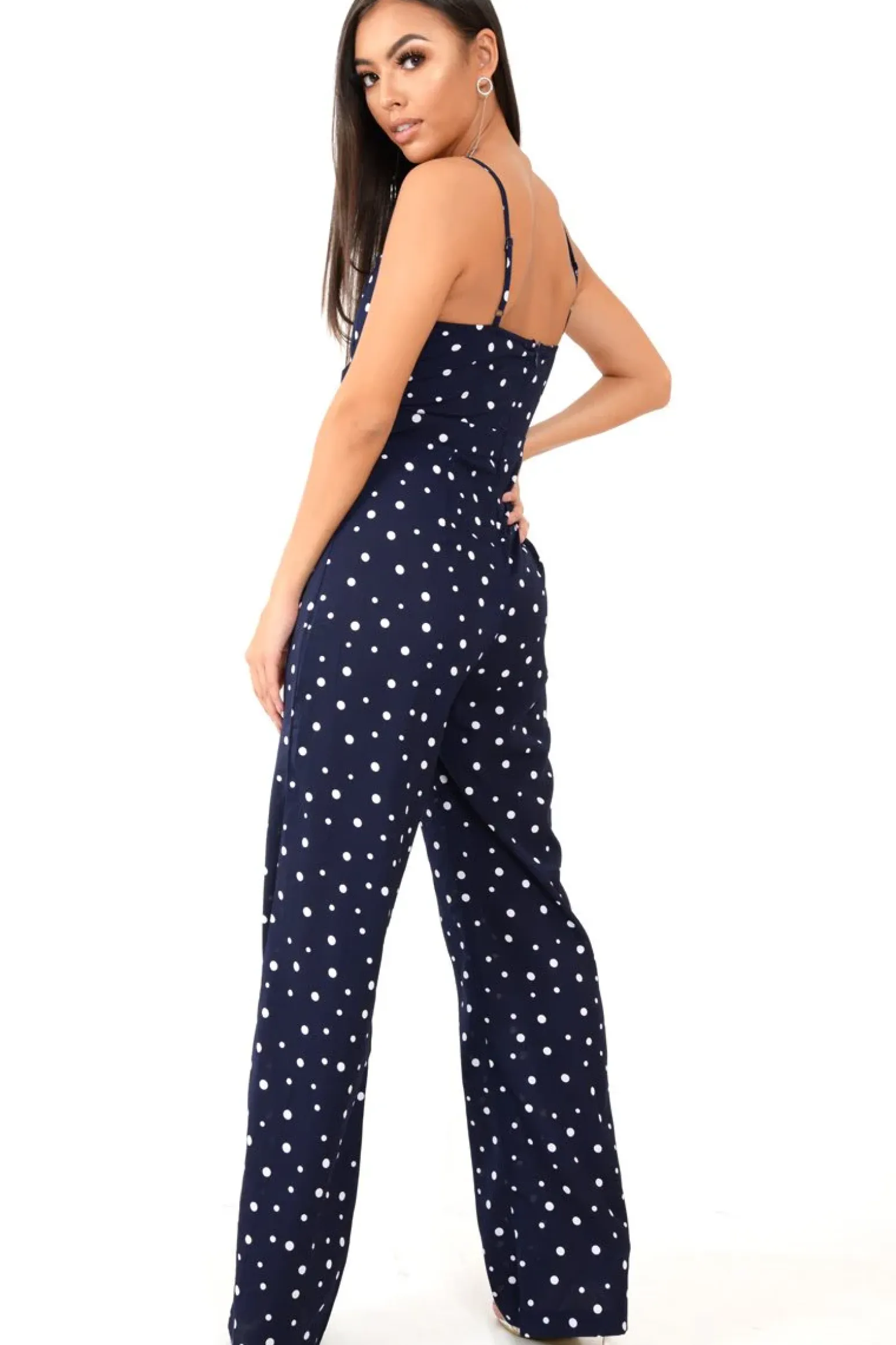 Rebellious Fashion Navy Polka Dot Tie Front Cut Out Jumpsuit - Callen