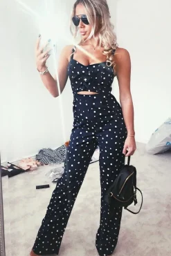 Rebellious Fashion Navy Polka Dot Tie Front Cut Out Jumpsuit - Callen