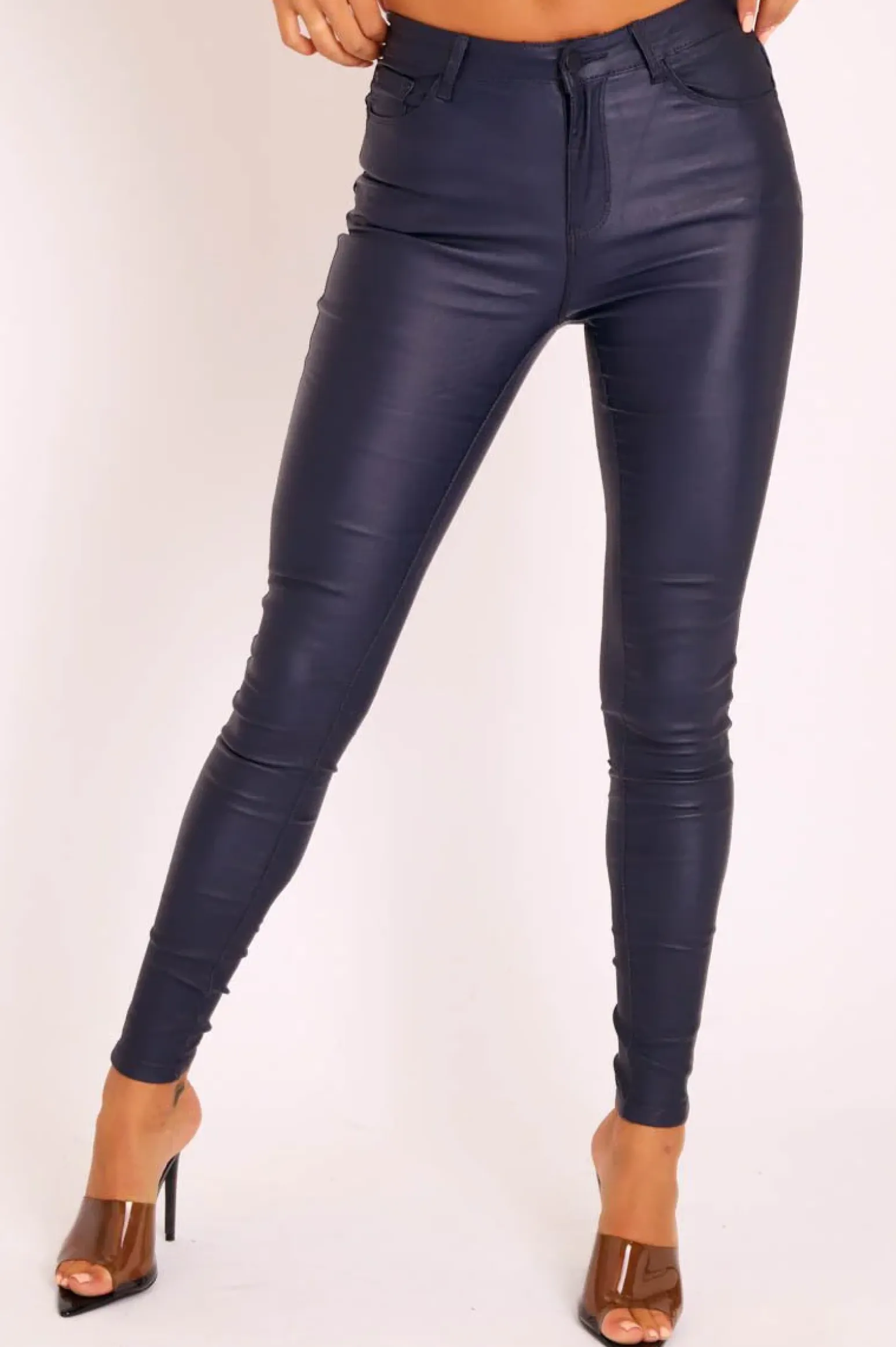 Rebellious Fashion Navy PU Coated Skinny Jeans - Rachell