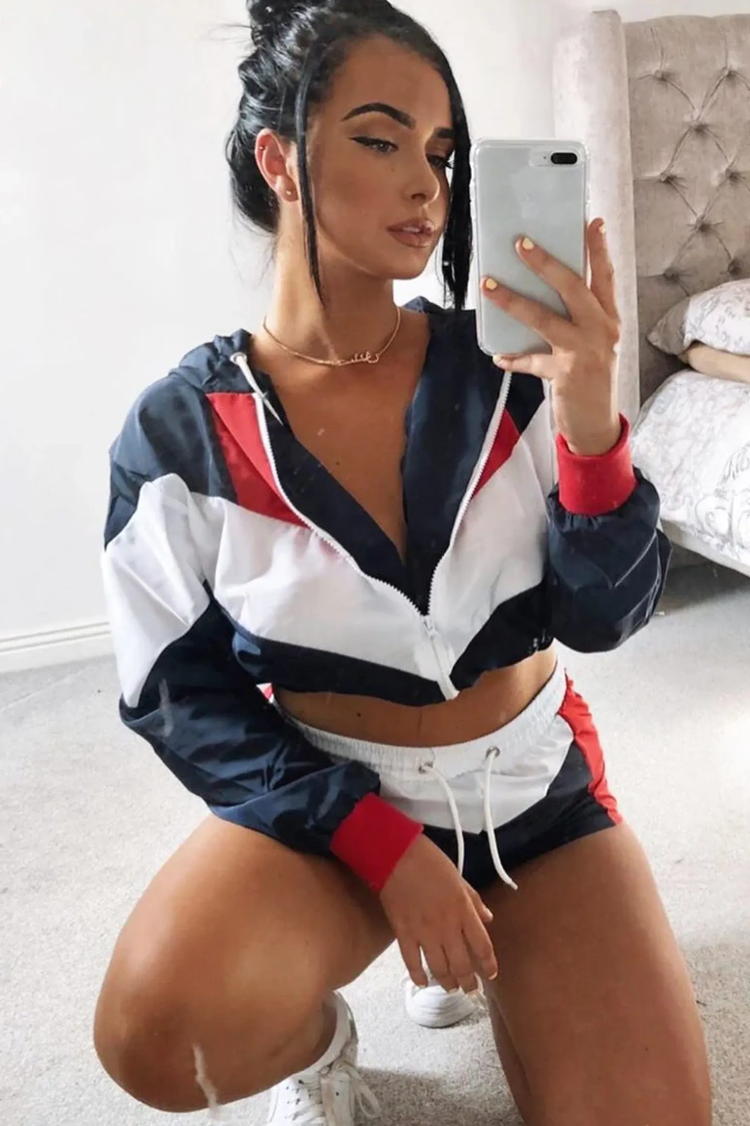Rebellious Fashion Navy Red Colour Block Hooded Jacket Shorts Tracksuit Co-ord - Jettie