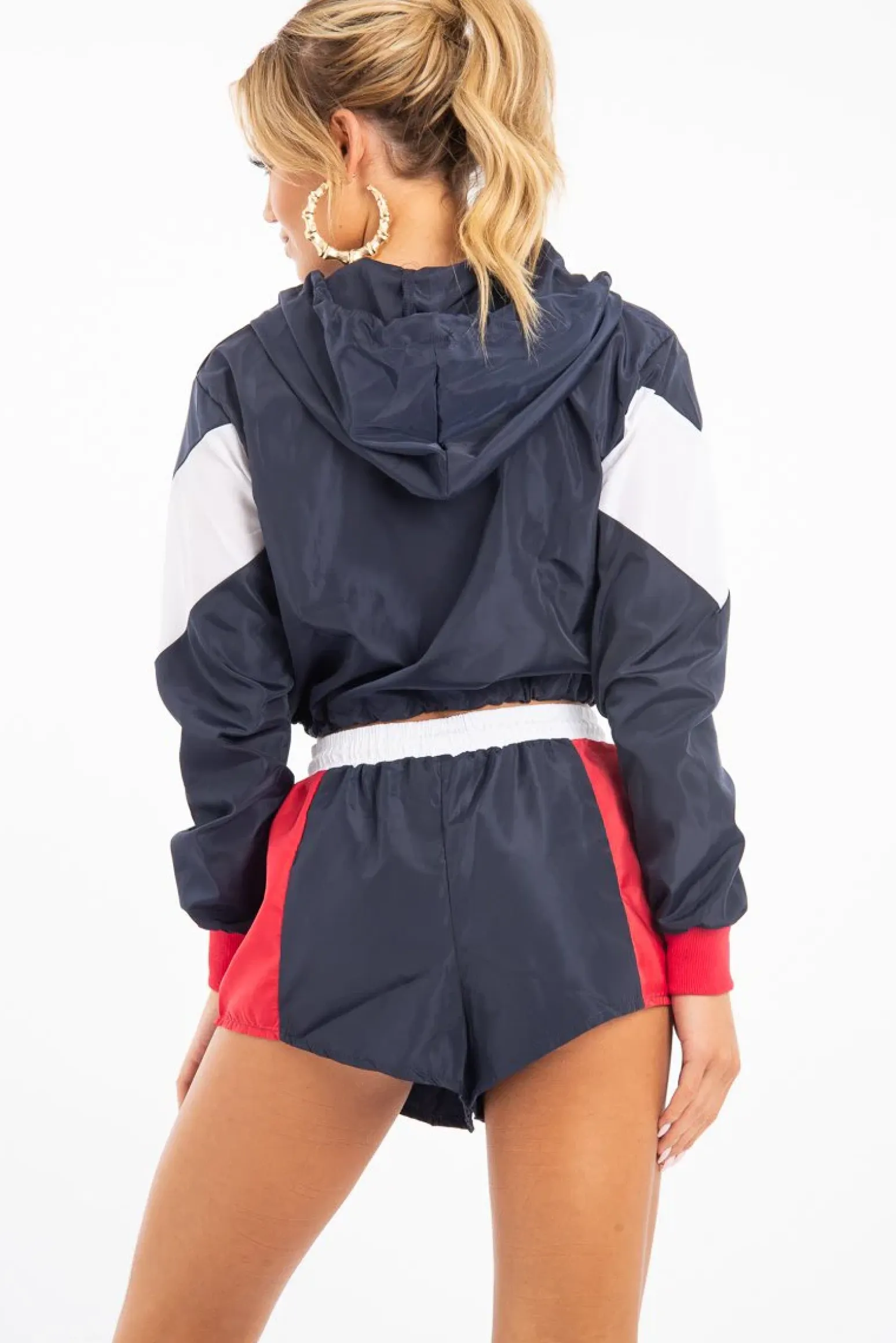 Rebellious Fashion Navy Red Colour Block Hooded Jacket Shorts Tracksuit Co-ord - Jettie