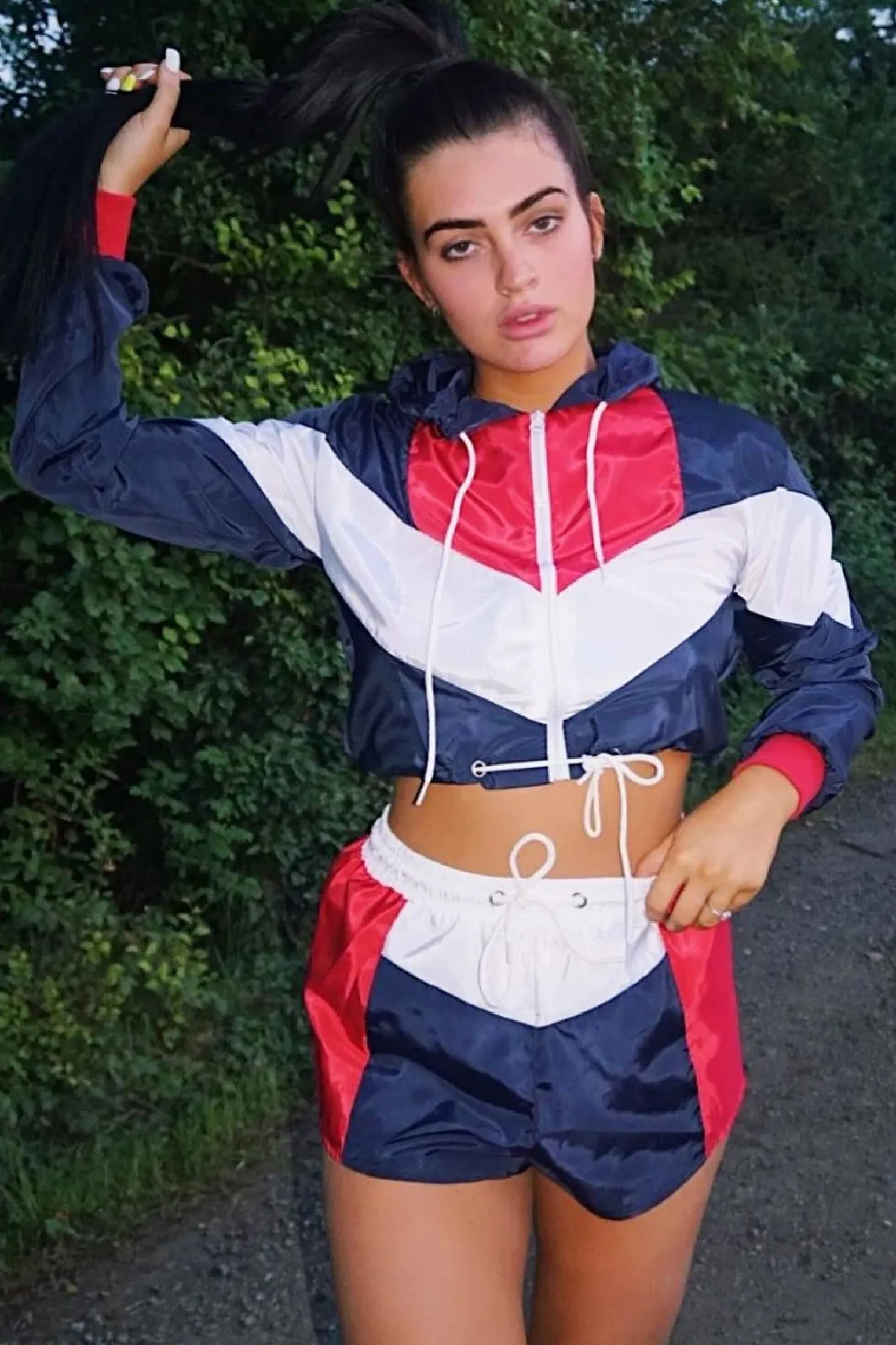 Rebellious Fashion Navy Red Colour Block Hooded Jacket Shorts Tracksuit Co-ord - Jettie