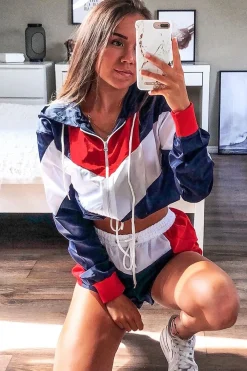 Rebellious Fashion Navy Red Colour Block Hooded Jacket Shorts Tracksuit Co-ord - Jettie
