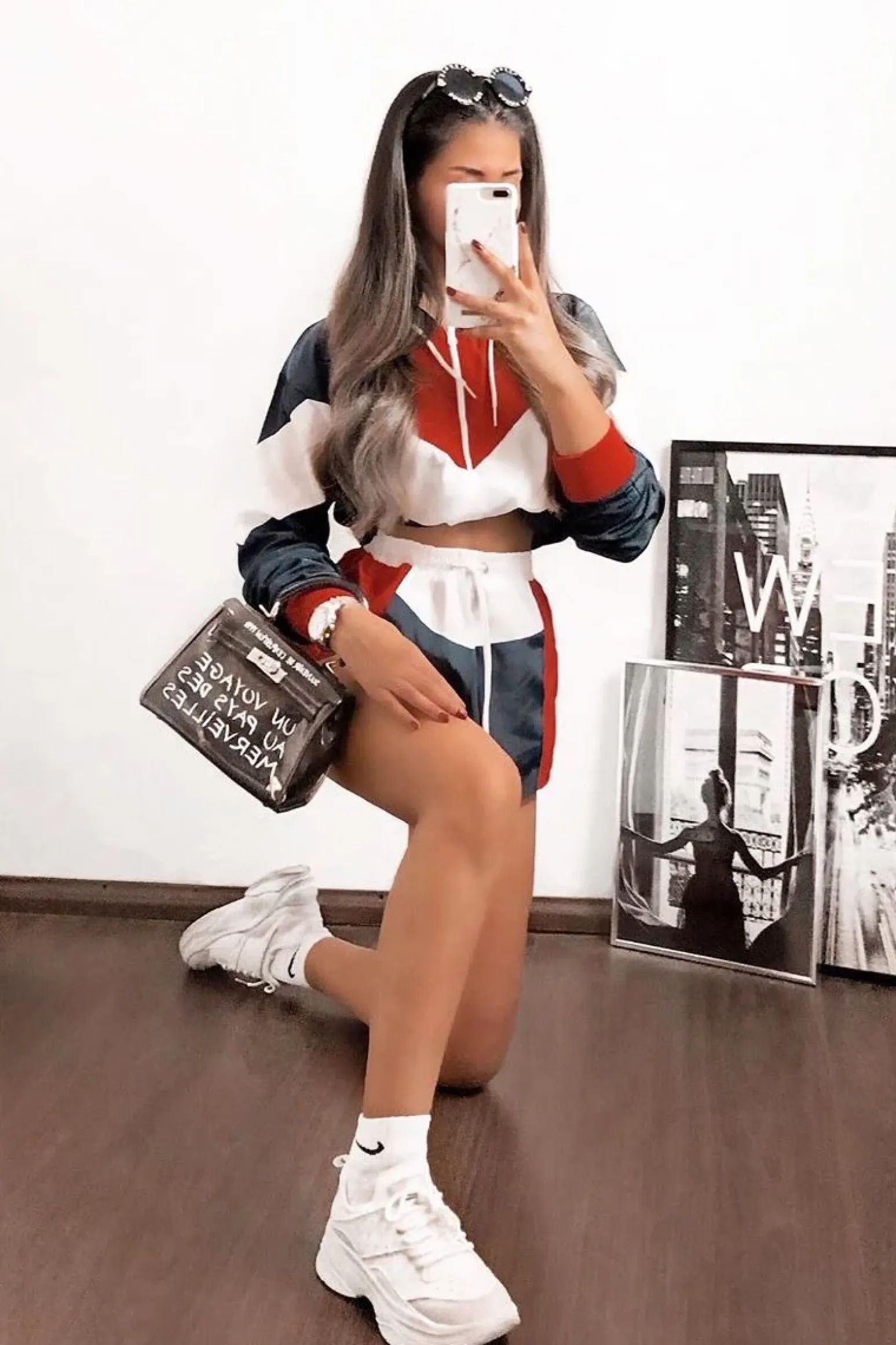 Rebellious Fashion Navy Red Colour Block Hooded Jacket Shorts Tracksuit Co-ord - Jettie