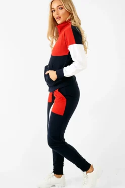 Rebellious Fashion Navy Red White Colour Block Tracksuit - Karalynn