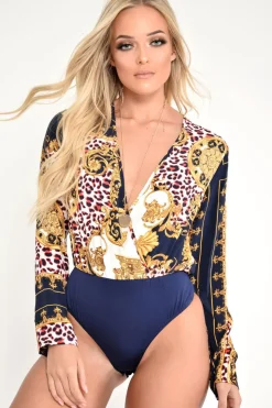 Rebellious Fashion Navy Scarf Print Plunge Long Sleeve Bodysuit - Taylie