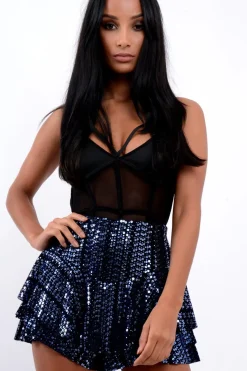 Rebellious Fashion Navy Sequin Frill High Waisted Shorts - Kaden