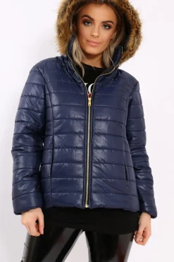Rebellious Fashion Navy Shiny Puffer Coat with Fur Hood - Idy