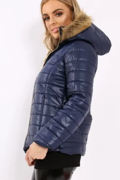 Rebellious Fashion Navy Shiny Puffer Coat with Fur Hood - Idy