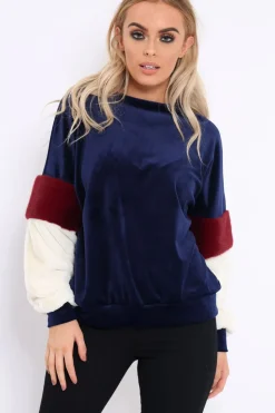 Rebellious Fashion Navy Soft Fur Jumper with Contrast Sleeves - Erla