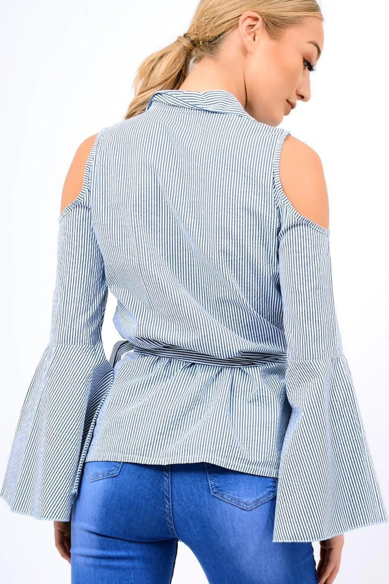 Rebellious Fashion Navy Striped Cold Shoulder Tie Shirt - Aniyah