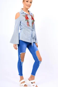 Rebellious Fashion Navy Striped Cold Shoulder Tie Shirt - Aniyah
