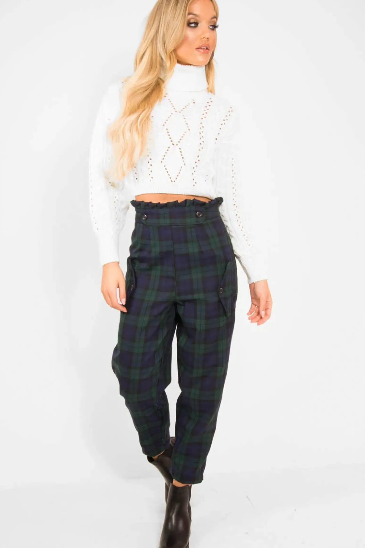 Rebellious Fashion Navy Tartan Frill Detail Trousers - Bristal