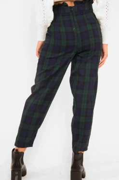 Rebellious Fashion Navy Tartan Frill Detail Trousers - Bristal