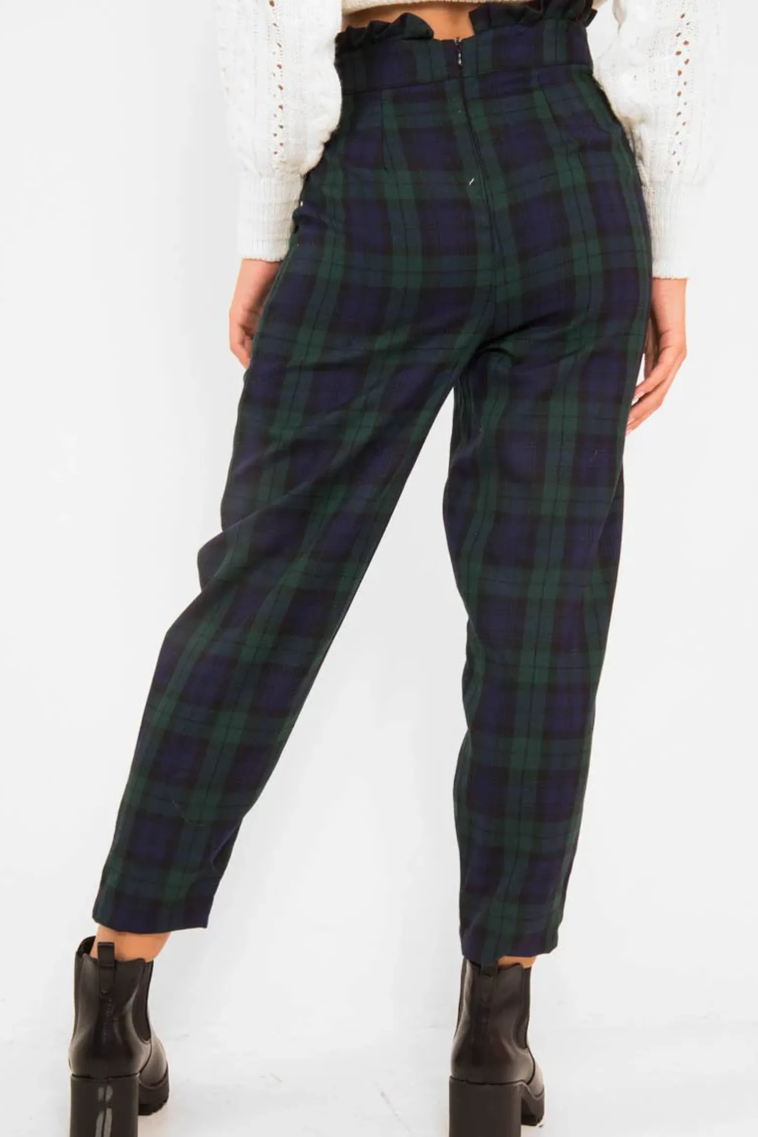 Rebellious Fashion Navy Tartan Frill Detail Trousers - Bristal