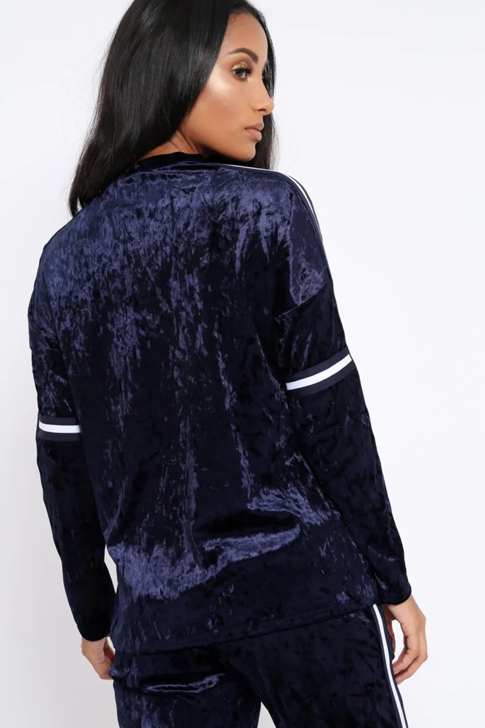 Rebellious Fashion Navy Velvet Striped Trim Co-ord Set - Beau