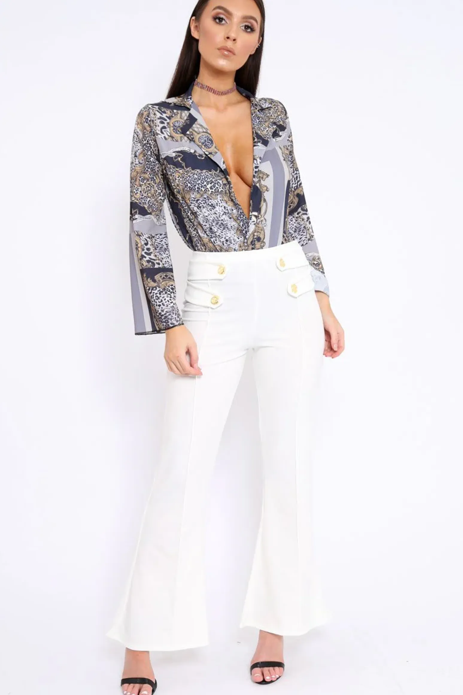 Rebellious Fashion Navy V-Plunge Leopard Print Bodysuit - Hazell