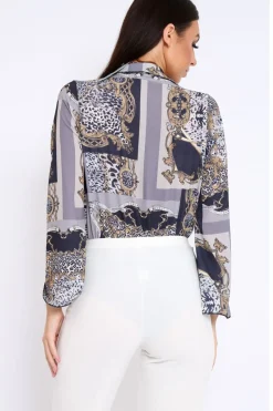 Rebellious Fashion Navy V-Plunge Leopard Print Bodysuit - Hazell