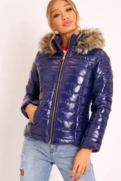 Rebellious Fashion Navy Wet Look Puffer Coat - Soph